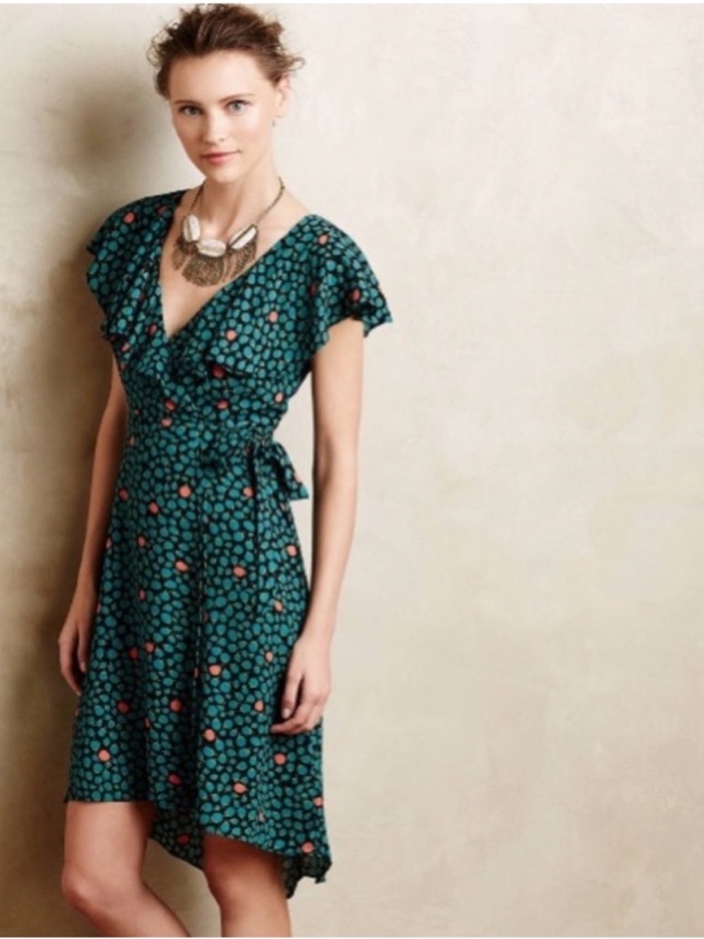 Anthropologie HD in Paris Teal Coral Dot Ruffle Wrap Dress 2